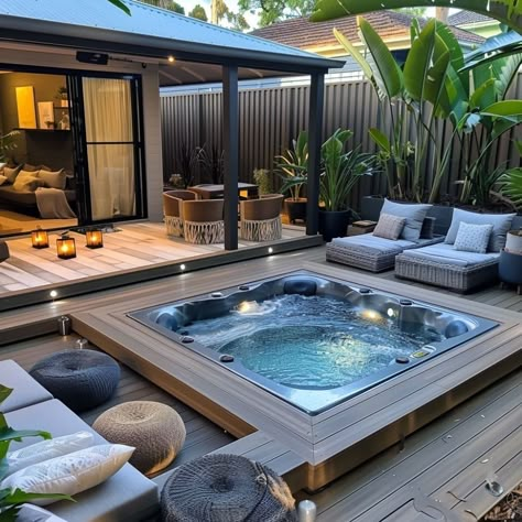 Backyard Swim Spa Deck Ideas: Designs, Materials & Maintenance Tips | Constructionify Pool Deck With Hot Tub, Hot Tub Next To Deck Ideas, Modern Hot Tub Ideas, Outdoor Patio Jacuzzi Ideas, Hot Tub Next To Pool, Deck Ideas For Hot Tubs, Rooftop Jacuzzi Ideas, Backyard With Jacuzzi Ideas, Hot Tub In Deck Built Ins