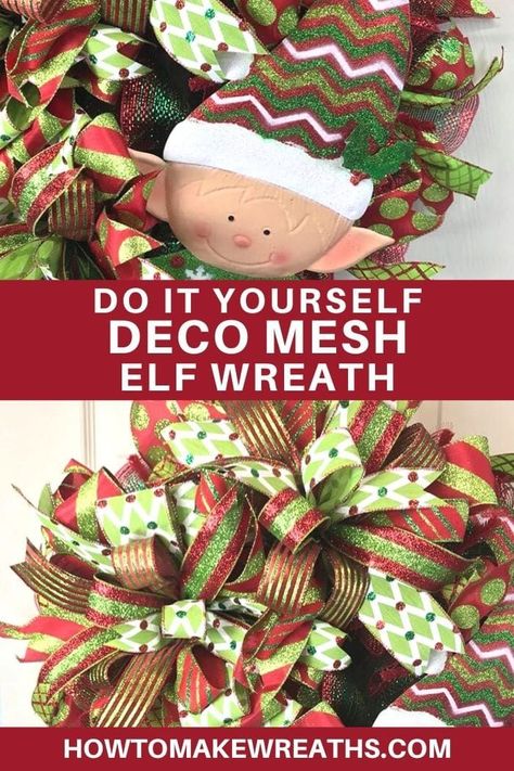 Learn how to make a fun DIY elf wreath using deco mesh. It' a cute front door decor for the Christmas season! Elf Wreath Ideas Diy, Cute Front Door, Diy Elf, Wreath Making Tutorials, Elf Wreath, Make Your Own Wreath, Holiday Crafts Diy, Material Wreaths, Diy Deco