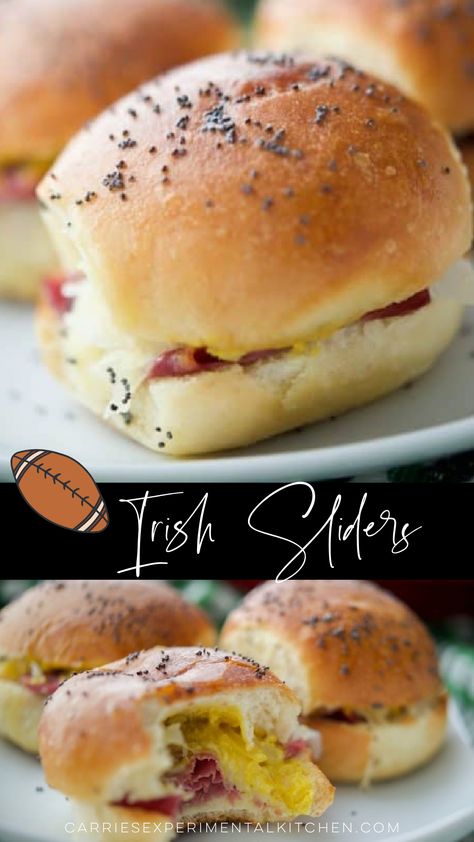 Irish Sliders made with corned beef, melted Dubliner Irish cheese, sauerkraut and spicy Irish mustard on potato slider rolls. #sliders #cornedbeef #gamedayfood Dubliner Cheese Recipes, Irish Sliders, Corned Beef Sliders, Irish Corned Beef, Irish Cheese, Irish Appetizers, Slider Rolls, Slider Sandwiches, Beef Sliders