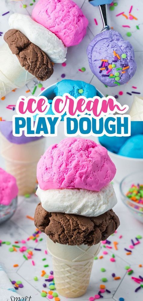 Ice cream play dough is edible, soft, and looks exactly like ice cream! Ice cream play dough is perfect for pretend play or as a kid-friendly craft. It’s fun for playing ice cream shop or sharpening fine motor skills. Make some of this DIY play dough and enjoy it with your kids. Ice Cream Project, Ice Cream Play Dough, Ice Cream Playdough, Ice Cream Dough, Edible Play Dough Recipe, Ice Cream Play, Cool Crafts For Kids, Playdough Party, Play Ice Cream