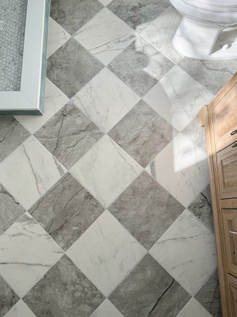 Primary Bathroom Remodel Reveal – from Outdated Beige to Beautiful Blue | guitar & lace Primary Bathroom Remodel, Checkerboard Tile, Checkered Flooring, Powder Room Tile, Room Tiles Floor, Blue Shower Tile, Casual Home Decor, Mudroom Flooring, Foyer Flooring