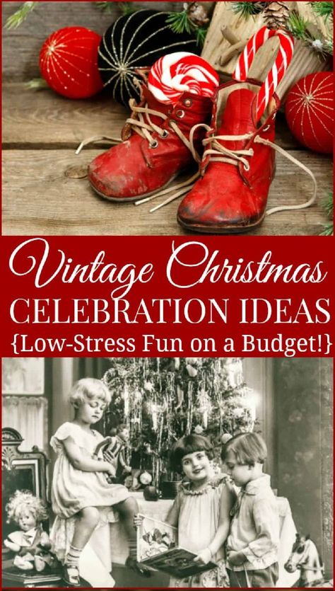 Enjoy the holidays with these Frugal Vintage Christmas Celebration Ideas! Save money by incorporating these old-fashioned and simple Christmas traditions into your family's celebration this year. Christmas Celebration Ideas, Vintage Christmas Decorations 1950s, Old Fashioned Christmas Decorations, Vintage Christmas Party, Old Fashion Christmas Tree, Victorian Christmas Decorations, Old Time Christmas, Frugal Christmas, English Christmas