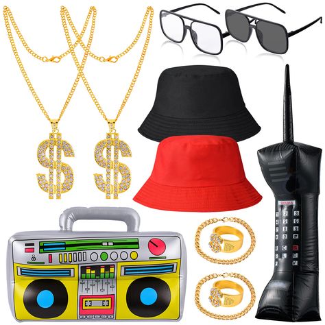 PRICES MAY VARY. ★【Full Hip-Hop Outfit】 - Our hip hop costume kit includes 1 piece black baseball cap, 1 piece red baseball cap, 2 pieces rapper glasses, 2 pieces faux gold chain, 2 pieces faux gold ring, 2 pieces faux gold bracelet, 1 piece inflatable boom box, 1 piece retro mobile phones. Our classic retro style is the great choice for your hip-hop party and Valentine's Day. ★【Faux Necklace / Bracelet / Ring】- The necklace, ring and bracelet are made of stainless steel, which is durable. In ad Hip Hop 90 90s Style, 80s Props, Hiphop Accessories, 90s Hip Hop Aesthetic, 80s 90s Party, Pink Dinosaur Party, 90s Party Decorations, Retro Club, Red Bucket Hat