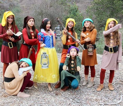 Snow White And The 7 Dwarves Costume, Group Fairytale Costumes, Snow White Seven Dwarfs Costume, Snow White And The Seven Dwarfs Halloween Costume, Snow White Group Costume Ideas, Group Theme Halloween Costumes, Snow White And The 7 Dwarfs Costumes, Disney Group Costumes 6 People, Groups Of 7 Halloween Costumes