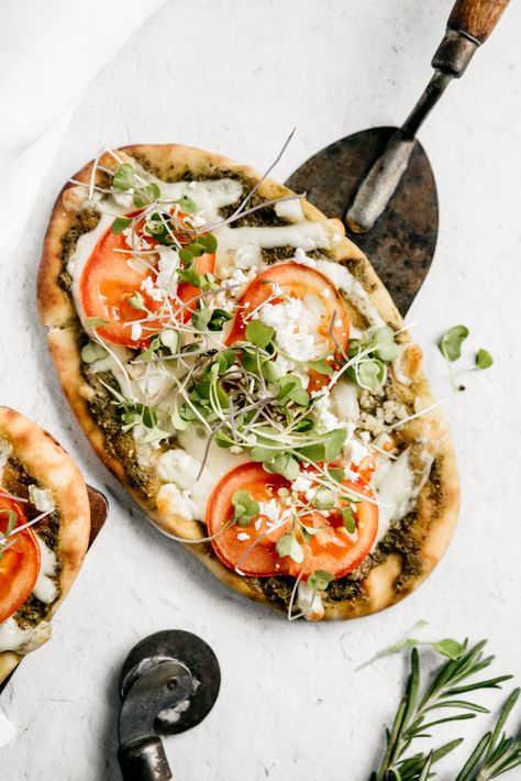 This veggie Naan pizza is delightful on so many different levels. The toppings are endlessly customizable so everyone gets exactly what they want. Personal Pizza Recipe, Vegan Naan, Naan Pizza Recipes, Food Shoot, Vegan Pizza Recipe, Pesto Cheese, Plant Based Cheese, Naan Pizza, Vegan Substitutes