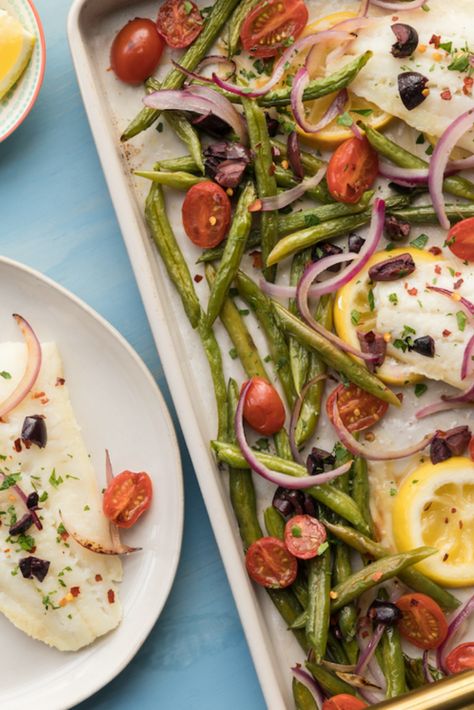 Shake up your weekly meal planning with this scrumptious, sheet pan-roasted cod dish. Savory roasted cod served with olives, capers, red onions, and green beans or any veggies you have on hand combine for a zesty entree that’s sure to tantalize your taste buds.  #sheetpan #cod #easyrecipe #seafood Cod Dishes, Roasted Cod, Weekly Meal Planning, Heart Healthy Diet, Healthy Food Inspiration, Red Onions, Sheet Pan Dinners, Sheet Pan Recipes, Roasting Pan