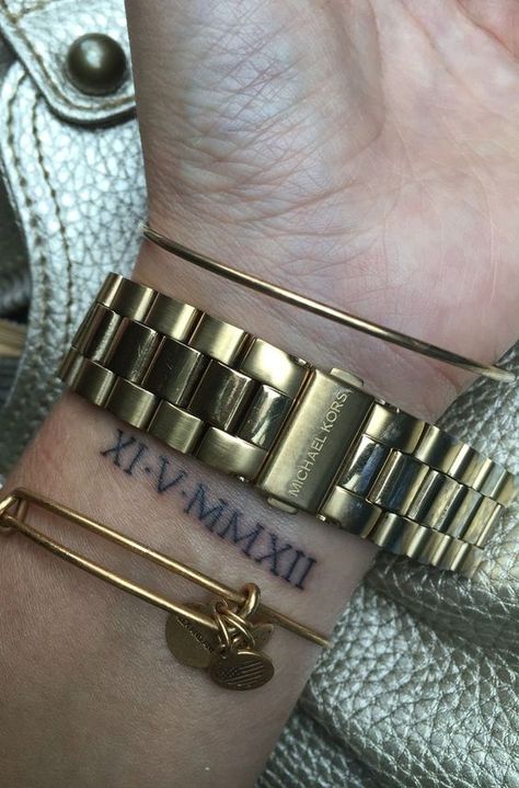 Roman Numeral Wrist Tattoo, Wedding Date Tattoos, Birthdate Tattoo, Datum Tattoo, Faith Tattoo On Wrist, Roman Tattoo, Inner Arm Tattoos, Roman Numeral Tattoo, Numeral Tattoo