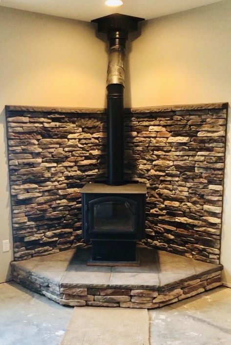 Free Standing Wood Stove Hearth, Woodburning Stove Fireplace Surround, Corner Woodstove Surrounds, Corner Pellet Stove Mantle, Hearth Ideas For Wood Stove, Fire Hearth Ideas, Woodstove Hearths, Wood Stove Hearth Ideas, Woodstove Surrounds