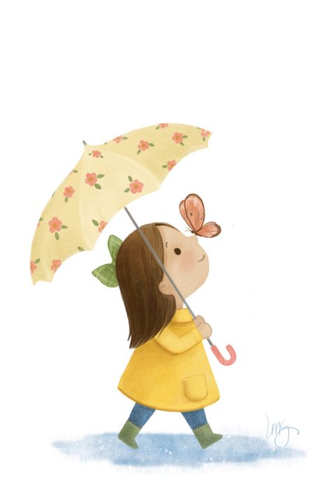 A character illustration by freelance illustrator Lisa M Griffin featuring a little girl with a floral umbrella and butterfly perched on her nose. Girl With Butterfly, Rain Illustration, Umbrella Drawing, Umbrella Illustration, Illustration Art Kids, Watercolor Paintings Nature, Umbrella Girl, Creative Friends, Quirky Illustration