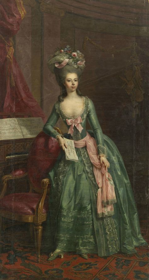 1780 - Landgräfin Juliane von Hessen Kassel Philipstahl, Fürstin zu Schaumburg-Lippe 1780s Fashion, Gown Details, 18th Century Portraits, Holding A Book, 18th Century Women, Rococo Art, 18th Century Dress, 18th Century Paintings, Rococo Fashion