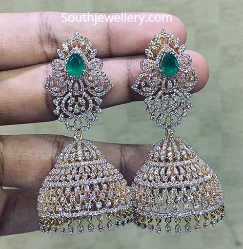 18 Carat gold diamond emerald jhumkas by P Satyanarayan and Sons Jewellers. diamond jhumkis weight and price, buttalu, Antique Turquoise Jewelry, Diamond Jhumkas, Diamond Earrings Wedding, Bridal Diamond Necklace, Antique Gold Earrings, Jewellery Board, Gold Jewelry Outfits, Diamond Jewelry Set, Antique Gold Jewelry Indian