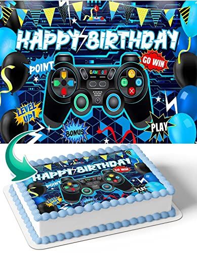 CAKECERY Gamer Nintendo Playstation Xbox Blue Comestible Cake Image Topper Birthday Cake Banner 1/4 Hoja Video Game Sheet Cake, Game Theme Cake, Gamer Birthday Cake, Video Game Cake, Birthday Cake Banner, Playstation Cake, Gamer Cake, Xbox Cake, Video Game Party Decorations