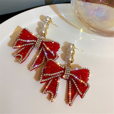 Fyuan Korean Style Red Bowknot Dangle Earrings For Women Three Pearl Rhinestone Earrings Weddings Party Jewelry Accessories - Dangle Earrings - AliExpress Martini Outfit, Friends Style, Vintage Clip Earrings, Pearl Bow, Rhinestone Material, Holiday Music, Funky Earrings, Swirl Earrings, Wedding Party Jewelry