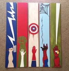 I'm thinking that these would make some awesome superhero bookmarks. Marvel Diy, Avengers Room, Marvel Room, Superhero Bedroom, Poison Ivy Batman, Superhero Room, Marvel Drawings, Wooden Boards, Avengers Movies