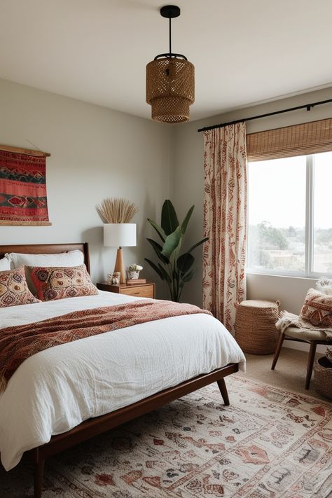 Tones Boho Bedroom Lighting Ideas, Meditteranean Bedroom, Transitional Bedroom Inspirations, Boho Master Bedrooms Decor, Boho Luxe Bedroom, Aztec Bedroom Ideas, Bedroom Boho Modern, Boho Mid Century Modern Bedroom, Mid Century Boho Bedroom