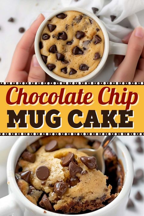 This easy chocolate chip mug cake is lightning fast, deliciously sweet, and fully loaded with ooey-gooey pockets of melted chocolate chips. Chocolate Chip Mug Cookie, Mug Cookie, Chocolate Chip Mug Cake, Chip Mug, Super Easy Desserts, Cookie In A Mug, Mug Cakes, Mug Recipes, In A Mug