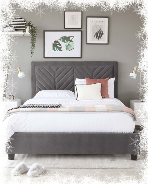 Mid Grey Bedroom, Room Ideas Gray Bed Frames, Couples Bed Rooms Ideas, Bedroom Furniture For Grey Room, Grey Bed Back Design, Bedding With Dark Grey Headboard, Gray Bedding Ideas Modern, Bedroom Inspirations Grey Bed Frame, Bedrooms With Grey Beds