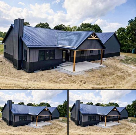 Black Barndominium Exterior Is My... - Amazing House Plan Gray And Black Barndominium Exterior, Black And Gray Barndominium, Charcoal Grey Barndominium Exterior, Matte Black Barndominium, Dark Exterior Barndominium, Black Barndominium Exterior Modern, Charcoal Grey Barndominium, Black And Grey Barndominium, Charcoal And Black Barndominium