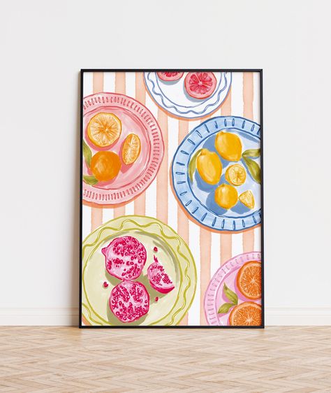 Citrus Fruits Art Print, A3 size, Kitchen print, Amalfi lemons, oranges, grapefruit, pomegranate Inspired Food Illustration. Fruit Art Prints, Cute Lemon Painting, Cute Kitchen Art, Amalfi Lemons, London Room, Future Decor, Art Booth, Fruits Art, Food Prints