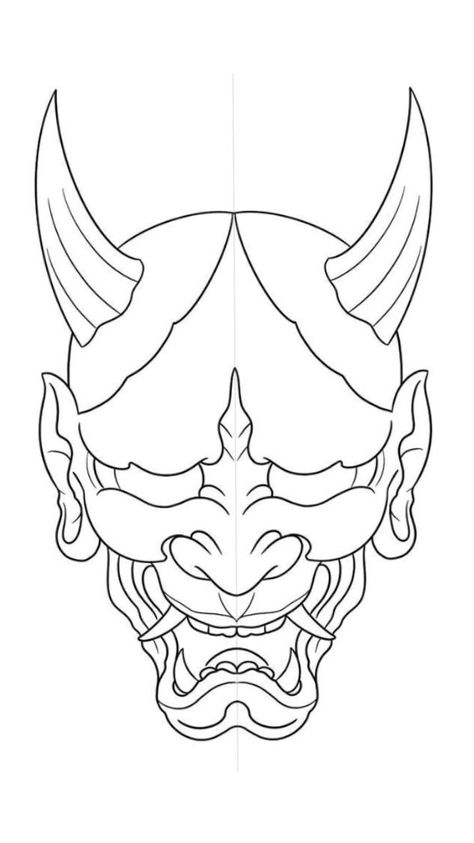 Hayanna Mask Tattoo, Japanese Demon Drawing, Oni Mask Tattoo Stencil, Demons Tattoo Designs, Oni Mask Tattoo Design Ideas Simple, Oni Mask Stencil, Japanese Oni Mask Drawing, Oni Mask Outline, Japanese Mask Drawing