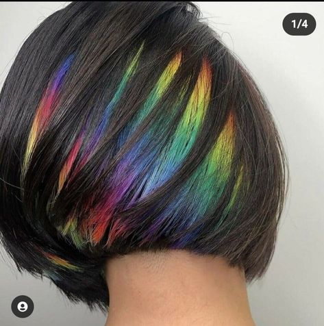 Galaxy Hair Color Short, Hidden Hair Color Ideas, Multi Color Hair Ideas, Peekaboo Rainbow Hair, Rainbow Hair Color Short, Rainbow Peekaboo Hair, Rainbow Underneath Hair, Prism Hair, Ombre Bob Hair