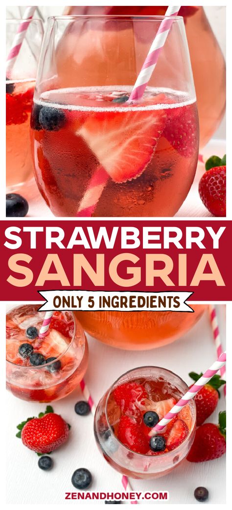 Strawberry Sangria - is a refreshing and fizzy summer drink made of Rosé, strawberry liqueur, sweet white wine and fresh strawberries. It’s so easy to make and ready in minutes so try this Strawberry Sangria this summer! Sangria Vodka Recipe, Wine Punch Recipes, Strawberry Peach Sangria, Lemonade Sangria, Sangria Punch, Summer Sangria Recipes, White Wine Sangria Recipe, Sparkling Sangria, White Sangria Recipe