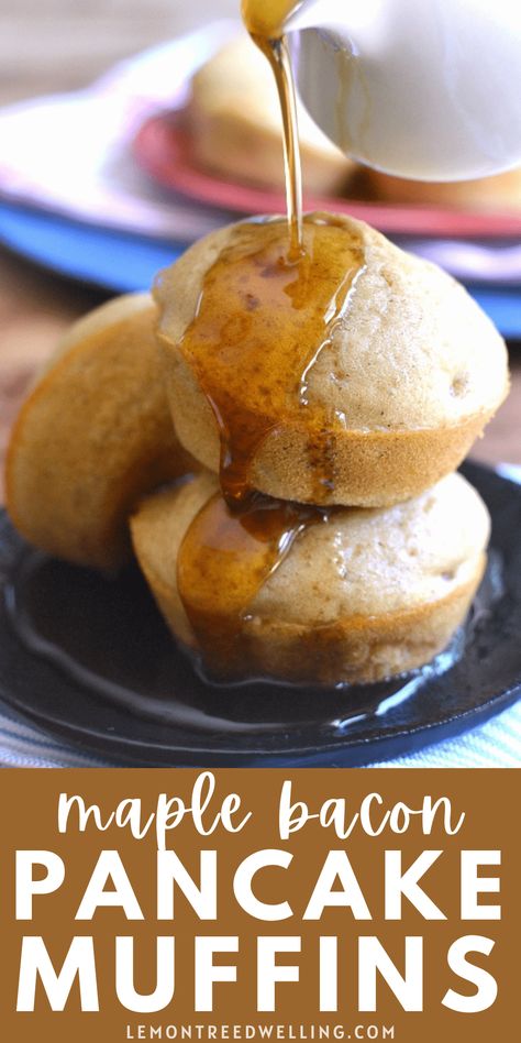 Sweet Maple Bacon Pancake Muffins flavored with maple syrup and real bacon. Serve them warm drizzled with additional syrup or eat them on the go for a quick, easy, and delicious breakfast or snack! Perfect for back to school! Maple Bacon Pancake Muffins, Maple Pancake Muffins, Maple Pancake Bites, Bacon Pancake Bites, On The Go Pancakes, Maple Bacon Muffins, Pancake Bacon Strips, Breakfast Pancake Muffins, Maple Bacon Pancake Bites