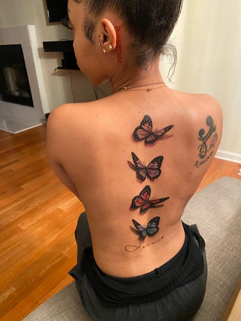 Back/ spin tattoos 3d Butterfly Tattoo On Back, Butterfly Tattoo Spine Tat, Spine Tattoos With Butterflies, Butterfly Back Tattoo Women Black, Spine Tattoos For Women Butterflies, Butterfly Spine Tattoos For Women, Spine Butterfly Tattoo, Stomach Butterfly Tattoo, Butterfly Back Tattoo Spine