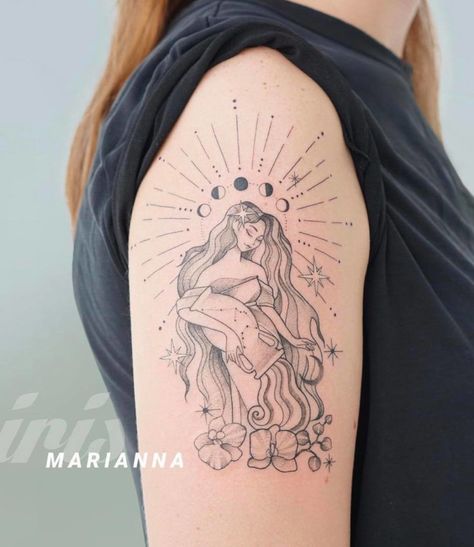 Female Aquarius, Aquarius Tattoos, Tattoo Ideas Female Meaningful, Mother Nature Tattoos, Iris Tattoo, Tarot Tattoo, Horoscope Tattoos, Aquarius Tattoo, Virgo Tattoo