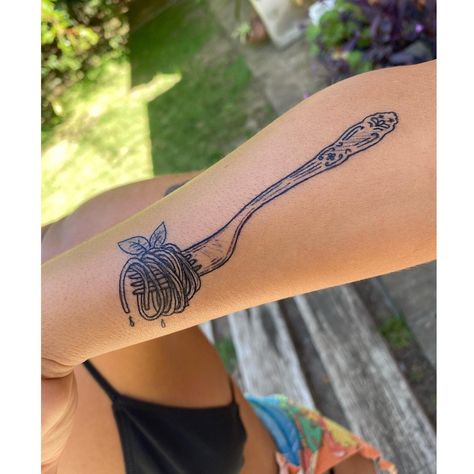 Spaghetti And Meatball Tattoo, Spaghetti Tattoo Ideas, Fork Spaghetti Tattoo, Pasta Fork Tattoo, Rigatoni Tattoo, Bowl Of Spaghetti Tattoo, Meatball Tattoo, Ravioli Tattoo, Pasta Tattoo Ideas