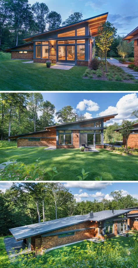 This modern guest house follows the same design of the main house, with a sloped roof, plenty of windows and wood shingles. Double doors open up to the backyard, while the garage is situated off to the side. Modern Guest House, Wood Tent, Sloped Roof, Houses Plans, Wood Shingles, Mountain Getaway, Shed Roof, Wood House, Hus Inspiration