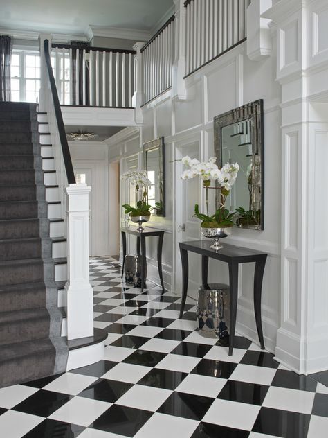 24 reasons why every foyer needs a table! - The Enchanted Home Black And White Checkered Floor, Black And White Hallway, White Foyer, Checkered Floor, Victorian Hallway, Entrance Floor, Foyer Flooring, Tiled Hallway, White Tile Floor