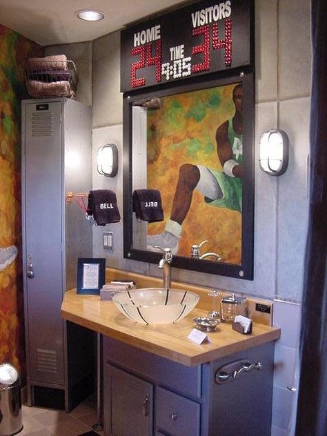 A fun boys bathroom.  The counter top is from an actual basketball court. Locker Decorations Diy, Sports Bathroom, Boys Bathroom Decor, Kids Sports Room, Diy Locker, Kid Bathroom Decor, Locker Decorations, Bathroom Themes