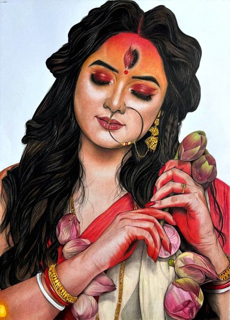 Bengali Durga Painting, Background For Portrait Drawing, Shivji Watercolor Painting, Durga Puja Drawing Ideas Easy, Drawing On Durga Puja, Indian Women Drawing Sketch, Lord Durga Drawing, Durga Puja Drawing Ideas, Durga Maa Paintings Face