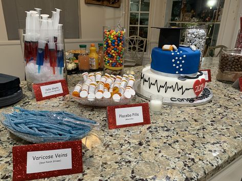 Nurse Party Candy Table, Candy Table For Nurse Graduation, Medical Candy Bar Party Ideas, Nurse Candy Table, Candy Medicine Ideas, Nursing Graduation Party Snacks, Nurse Dessert Table, Nurse Desserts, Nurse Grad Party Ideas