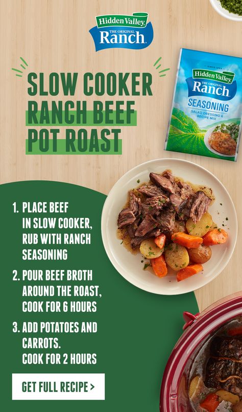 Hidden Valley knows that good things come to those who wait, and this delicious beef pot roast recipe is well worth every minute. This one-pot meal is comforting, heart-warming and so easy to make. Tap the Pin and get the recipe. Pot Roast Recipe, Beef Pot Roast, Hidden Valley Ranch, Crockpot Recipes Beef, Roast Recipe, Pot Roast Recipes, Crockpot Dishes, Hidden Valley, Instant Pot Dinner Recipes