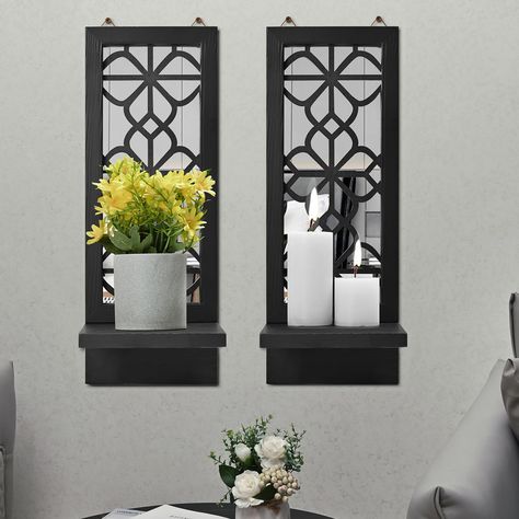 PRICES MAY VARY. 【Premium Material】Our wooden wall candle holders are made of 100% premium wood and covered with black paint, with strong corrosion resistance. Each bathroom shelf decor includes two hanging attachments on the top, convenient to hang on the wall. 【Special Wall Decor】The wall sconces set of two with mirror and decorative pattern in rustic style are wonderful wall arts for decorations. Different combinations with other decorations make them blend into your home in different styles Large Wall Candle Holders, Hobby Lobby Farmhouse Decor Living Room, Candles Jars, Wooden Wall Candle Holders, Floating Mirror, Mirror Candle, Farmhouse Wall Sconces, Mirror Sconces, Modern Farmhouse Living Room Decor