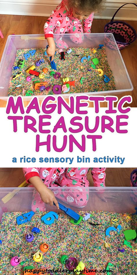 Magnetic Treasure Hunt - HAPPY TODDLER PLAYTIME Pokemon Sensory Bin, Sensory Bin Fillers, Rice Sensory Bin, Letter Magnets, Sensory Bin Ideas, Toddler Sensory Bins, Preschool Sensory, Sensory Tubs, Sensory Tub