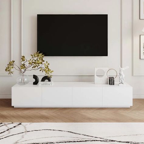 Hokku Designs Comerico Modern Wood TV Stands, Minimalist Long Media Console with 4 Drawers & Reviews - Wayfair Canada Media Console In Bedroom, Tv Console Aesthetic, Tv Console Modern Minimalist, Console Table Decorating Under Tv, Black Veneer Texture, Long Media Console, White Media Console, White Tv Console, Tv Stand Minimalist