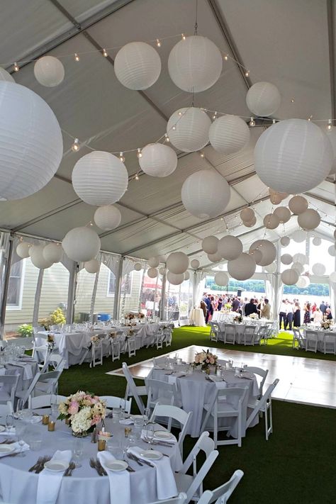 My dimmable LED bistro string lighting, with white paper lanterns installed in the tent at the Lake House Guest Cottages of the Berkshires. Party Tent Lighting Ideas, Summer Tent Party, Tent With Paper Lanterns, Backyard Wedding Tent Lampion-lampionnen.nl, White Paper Lanterns Wedding Tent, Decorating Inside A Party Tent, Outside Tent Decorations, Paper Lanterns In Tent, Outdoor Party Tent Ideas