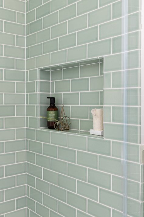 Pale Green Shower Tile, Blue Green Tile Bathroom, Green Tile Bathroom, Tile Brick, Cabin Bathrooms, Brick Tile, Fireclay Tile, Bathroom Redesign, Shower Bathroom