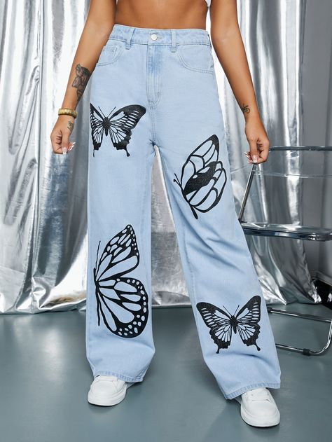 Light Wash    Denim Butterfly Wide Leg Embellished Non-Stretch  Women Denim Wide Leg Butterfly Jeans, Butterfly Cargo Pants, Costume Jeans, Denim Butterfly, Butterfly Jeans, Butterfly Pants, Diy Pants, Walking Outfits, Light Denim Jeans