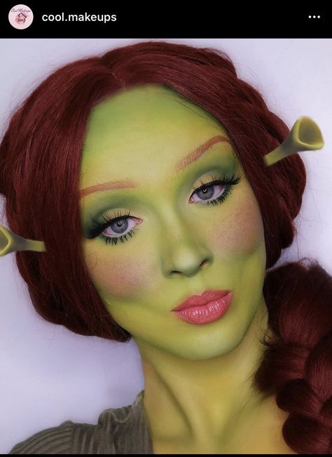 Princess Fiona Makeup, Costumes With Red Hair, Ginger Hair Costume Ideas, Fiona Makeup, Red Hair Costume Ideas, Shrek And Fiona Costume, Shrek Makeup, Red Hair Costume, Fiona Costume