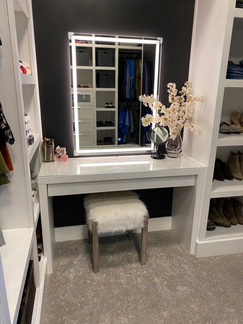 Master Closet Design With Makeup Vanity, Walk In Closet Ideas With Makeup Vanity, Walk In Closet With Makeup Station, Closet Turned Into Makeup Vanity, Built In Closet Vanity Ideas, Vanity Area In Closet, Walking Closet With Makeup Table, Dressing Room Closet With Vanity, Vanity In Walk In Closet