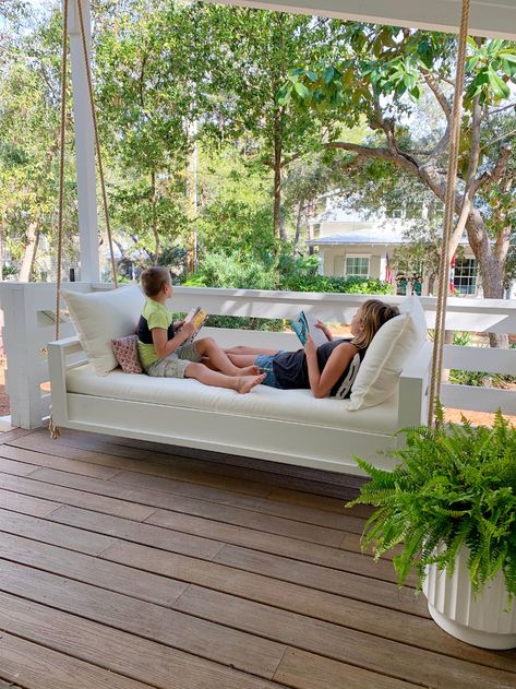 How To Build An Outdoor Hanging Daybed | Young House Love Daybed Swings Outdoor Diy, Backyard Daybed, Daybed Plans, Diy Porch Swing Bed, Hanging Daybed, Porch Bed, Diy Porch Swing, Daybed Cushion, Porch Swing Bed