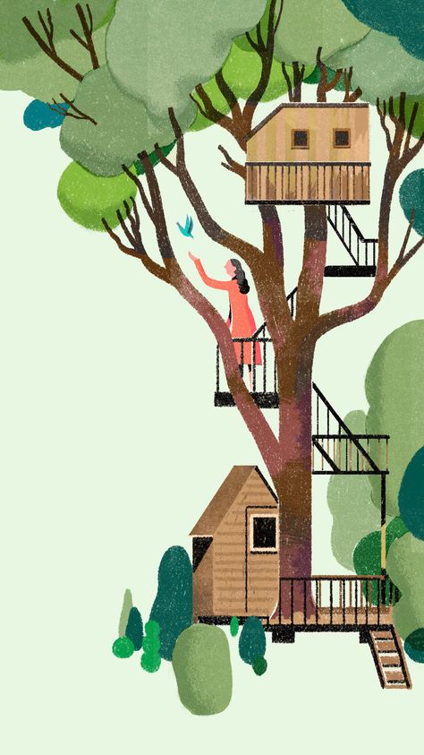 Tile Illustration, Whimsical Treehouse, Airbnb App, Plant People, Different Forms Of Art, School Murals, Watercolor Architecture, Tree Illustration, People Illustration