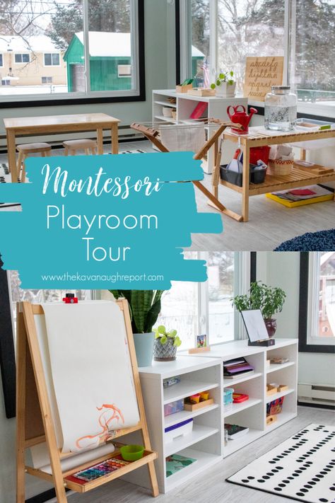 Our Multi-Age, Multi-Use Montessori Playroom Multi Age Playroom, Ikea Drying Rack, Small Kids Playroom, Family Playroom, Montessori Wall Art, Homeschool Space, Montessori Bedroom, Montessori Playroom, Home Panel