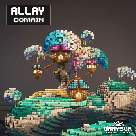 Graysun | Minecraft Content Creator on Instagram: “Minecraft - Allay Domain 🏞 Minecraft build collaboration with the amazing @davdibuilds Ever wondered the real home of Allay's before…” Minecraft Dragon Build, Minecraft Halloween, Minecraft Tree, Minecraft Town, Minecraft Kingdom, Mc Builds, Colorful Forest, Minecraft Interior, Minecraft Blocks