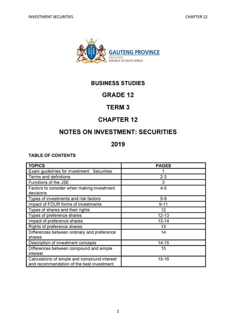 Chapter 12 Business Studies Grade 12 Notes ON Investment Securities - BUSINESS STUDIES GRADE 12 TERM - Studocu Grade 12, Business Ownership, Business Studies, Class Notes, Table Of Contents, Secondary School, Any Book, Economics, Investment