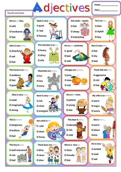 Adjectives - English ESL Worksheets for distance learning and physical classrooms Materi Bahasa Inggris, English Grammar For Kids, English Adjectives, Grammar For Kids, English Worksheet, English Exercises, Teaching English Grammar, English Grammar Worksheets, English Worksheets For Kids